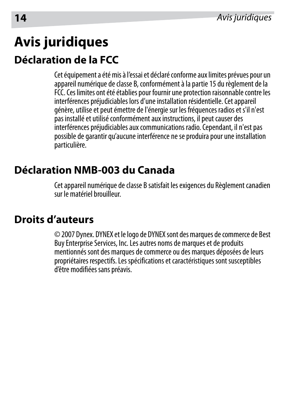 Avis juridiques, Déclaration de la fcc, Déclaration nmb-003 du canada | Droits d’auteurs | Dynex DX-HUB23 User Manual | Page 14 / 26