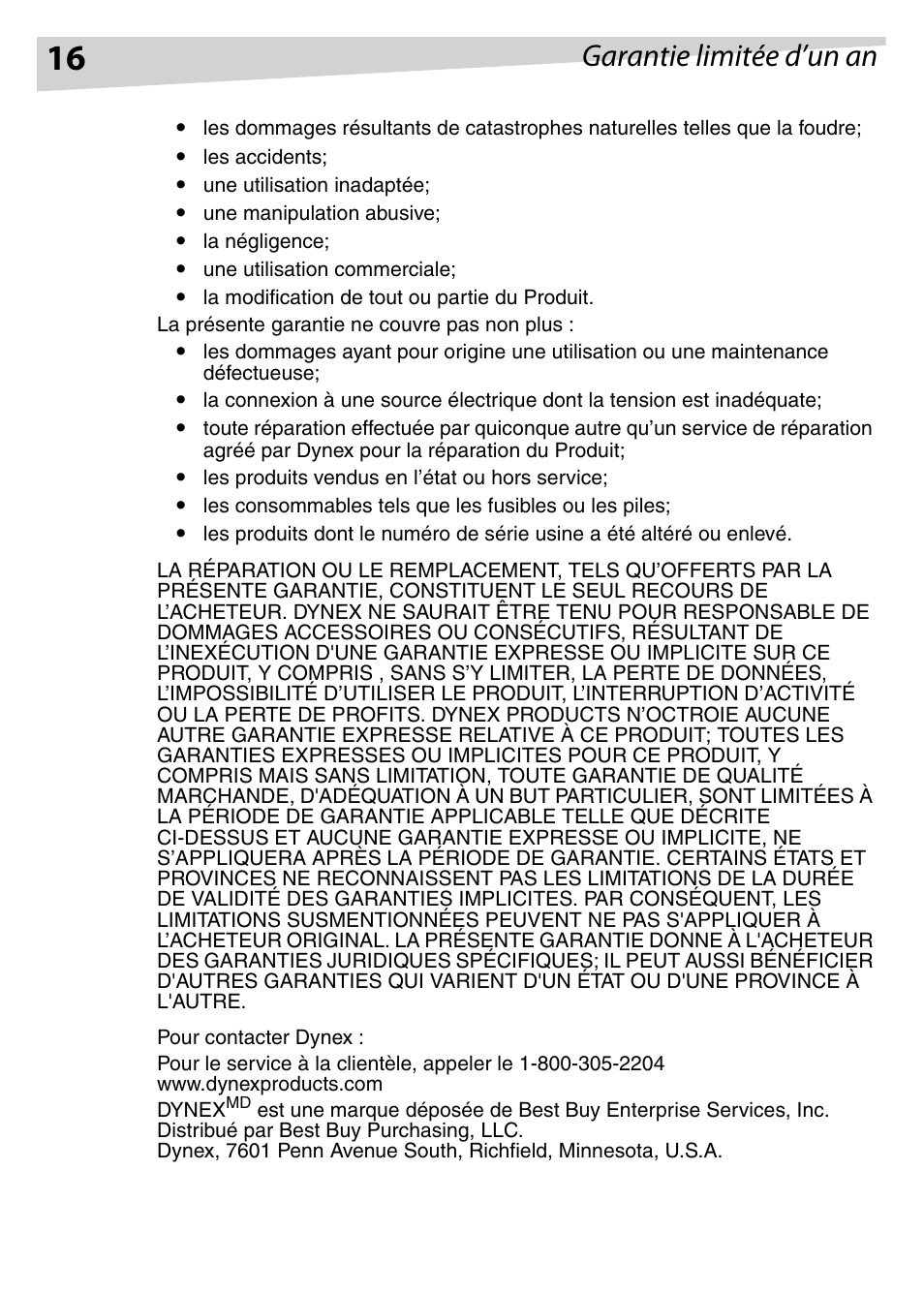 Garantie limitée d’un an | Dynex DX-HUB23 User Manual | Page 16 / 26