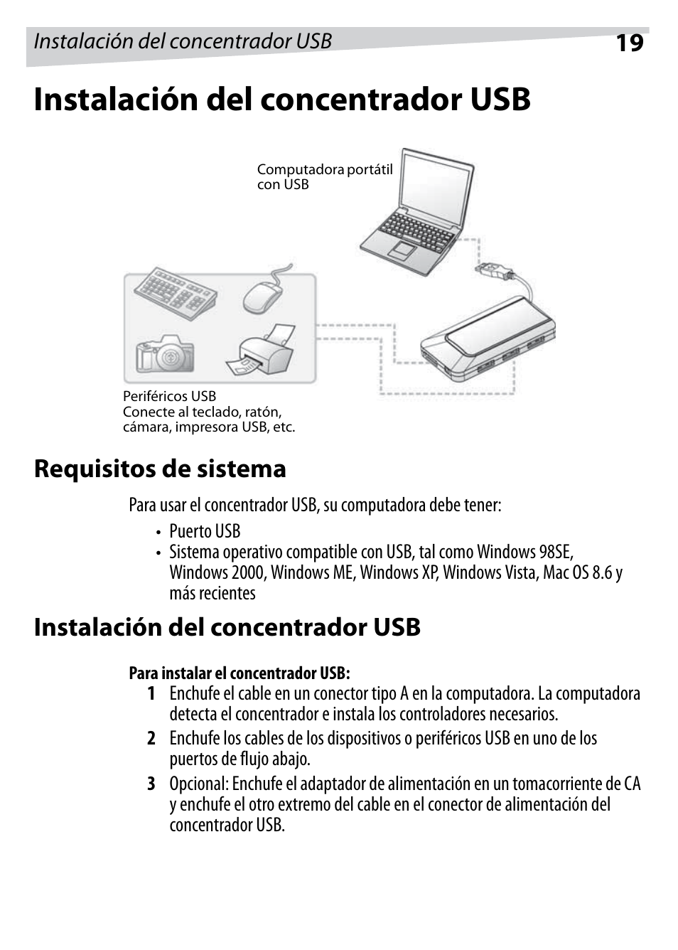 Instalación del concentrador usb, Requisitos de sistema, Para instalar el concentrador usb | Dynex DX-HUB23 User Manual | Page 19 / 26