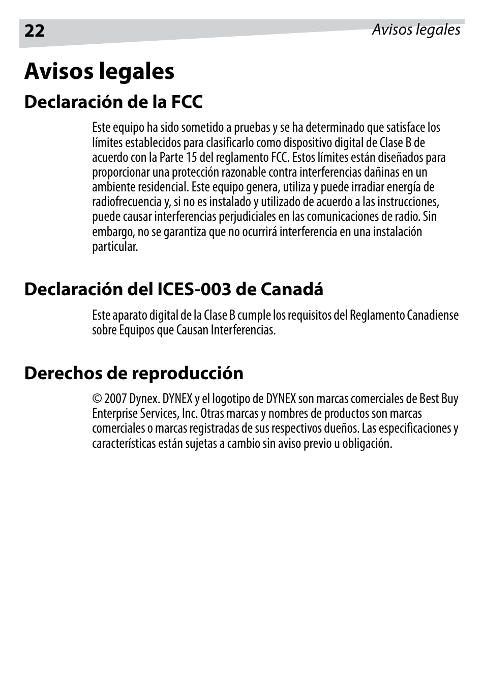 Avisos legales, Declaración de la fcc, Declaración del ices-003 de canadá | Derechos de reproducción | Dynex DX-HUB23 User Manual | Page 22 / 26