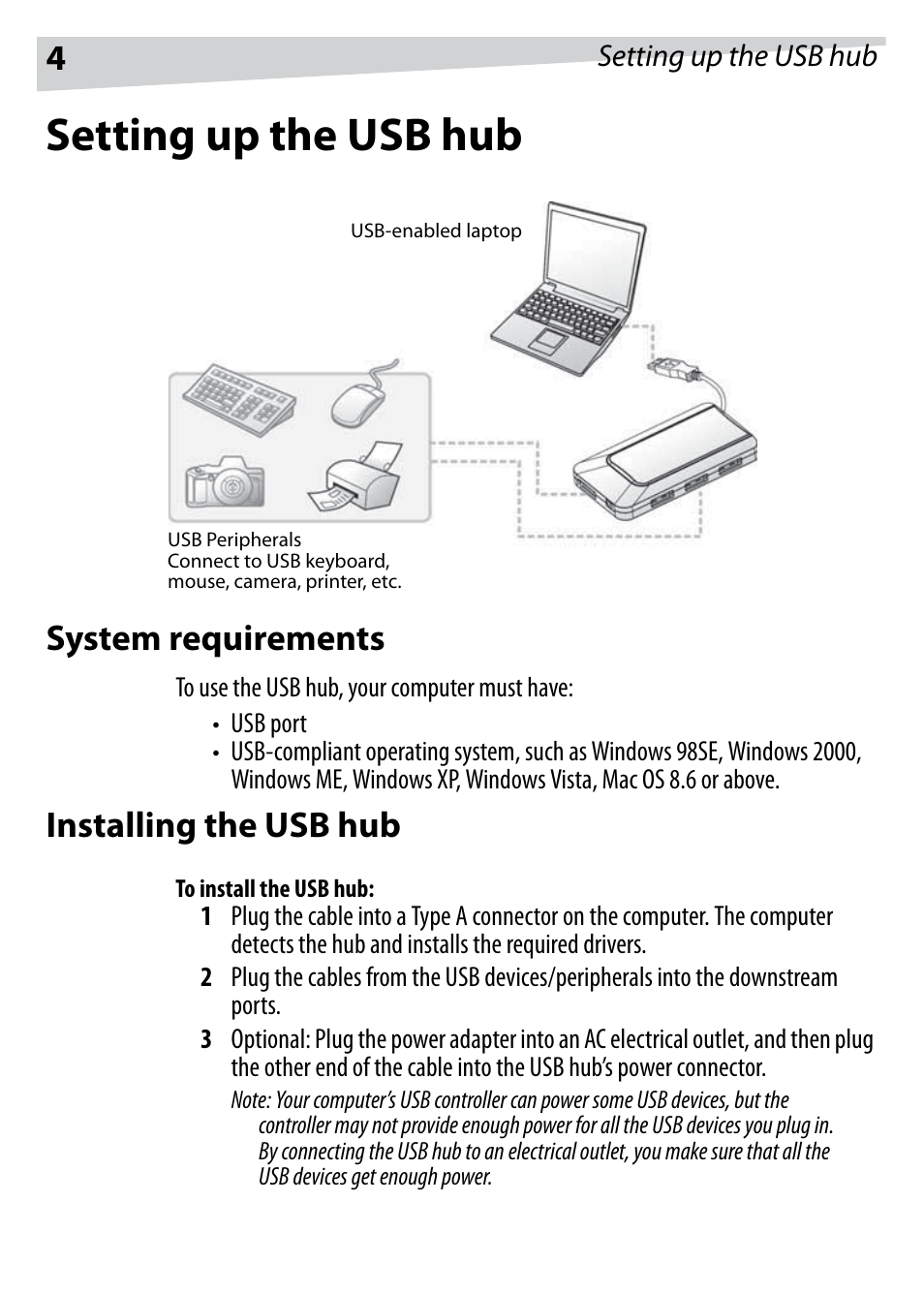 Setting up the usb hub, System requirements, Installing the usb hub | To install the usb hub | Dynex DX-HUB23 User Manual | Page 4 / 26