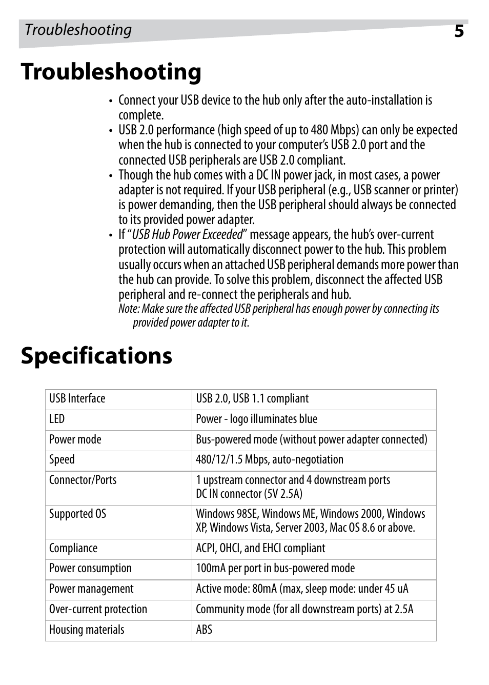 Troubleshooting, Specifications | Dynex DX-HUB23 User Manual | Page 5 / 26