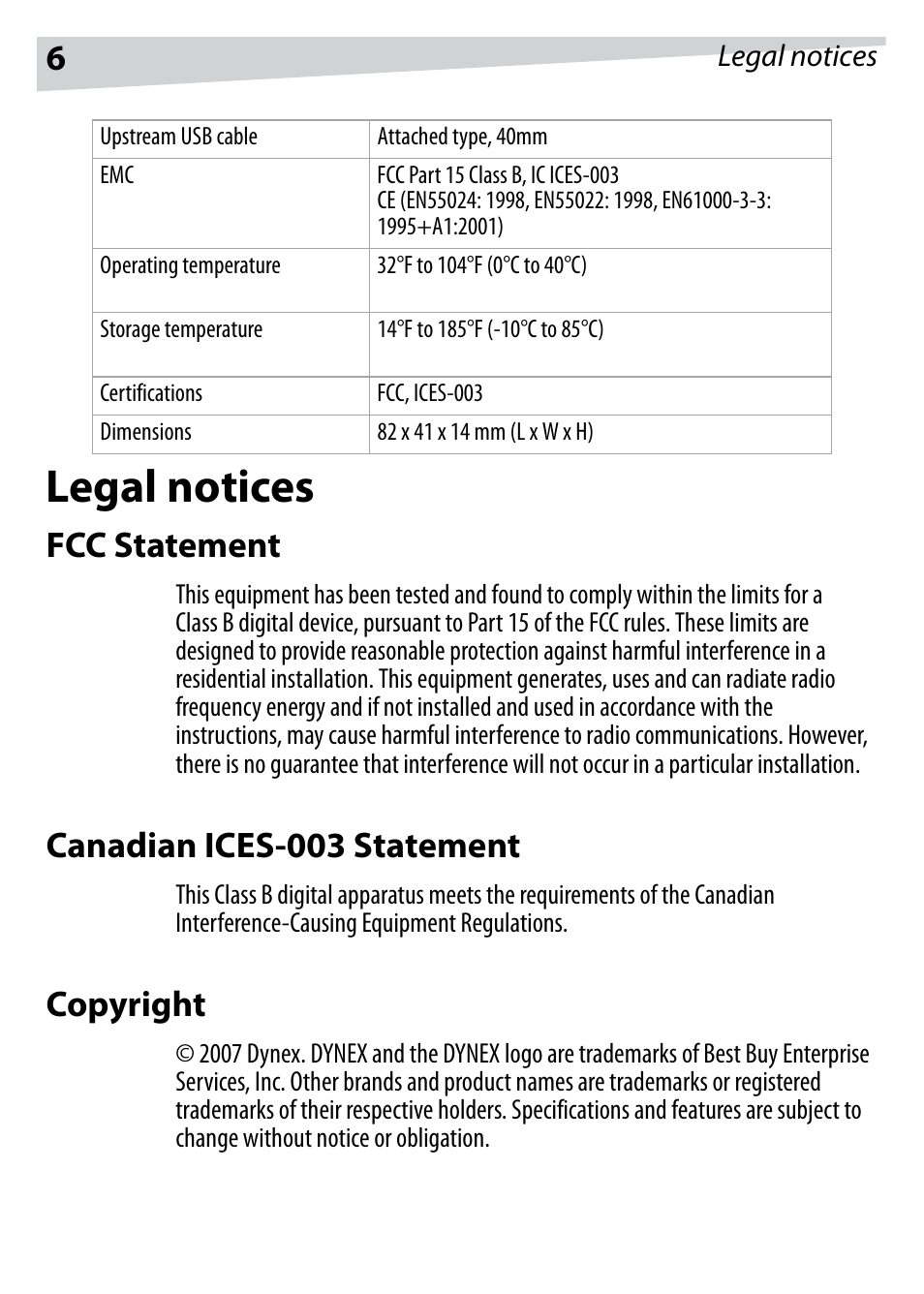 Legal notices, Fcc statement, Canadian ices-003 statement | Copyright | Dynex DX-HUB23 User Manual | Page 6 / 26