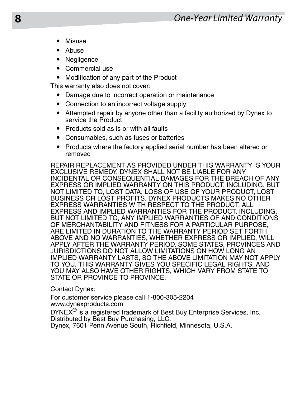 One-year limited warranty | Dynex DX-HUB23 User Manual | Page 8 / 26