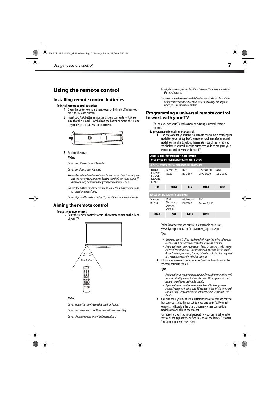 Using the remote control, Installing remote control batteries, Aiming the remote control | 7using the remote control | Dynex DX-L19-10A User Manual | Page 10 / 33