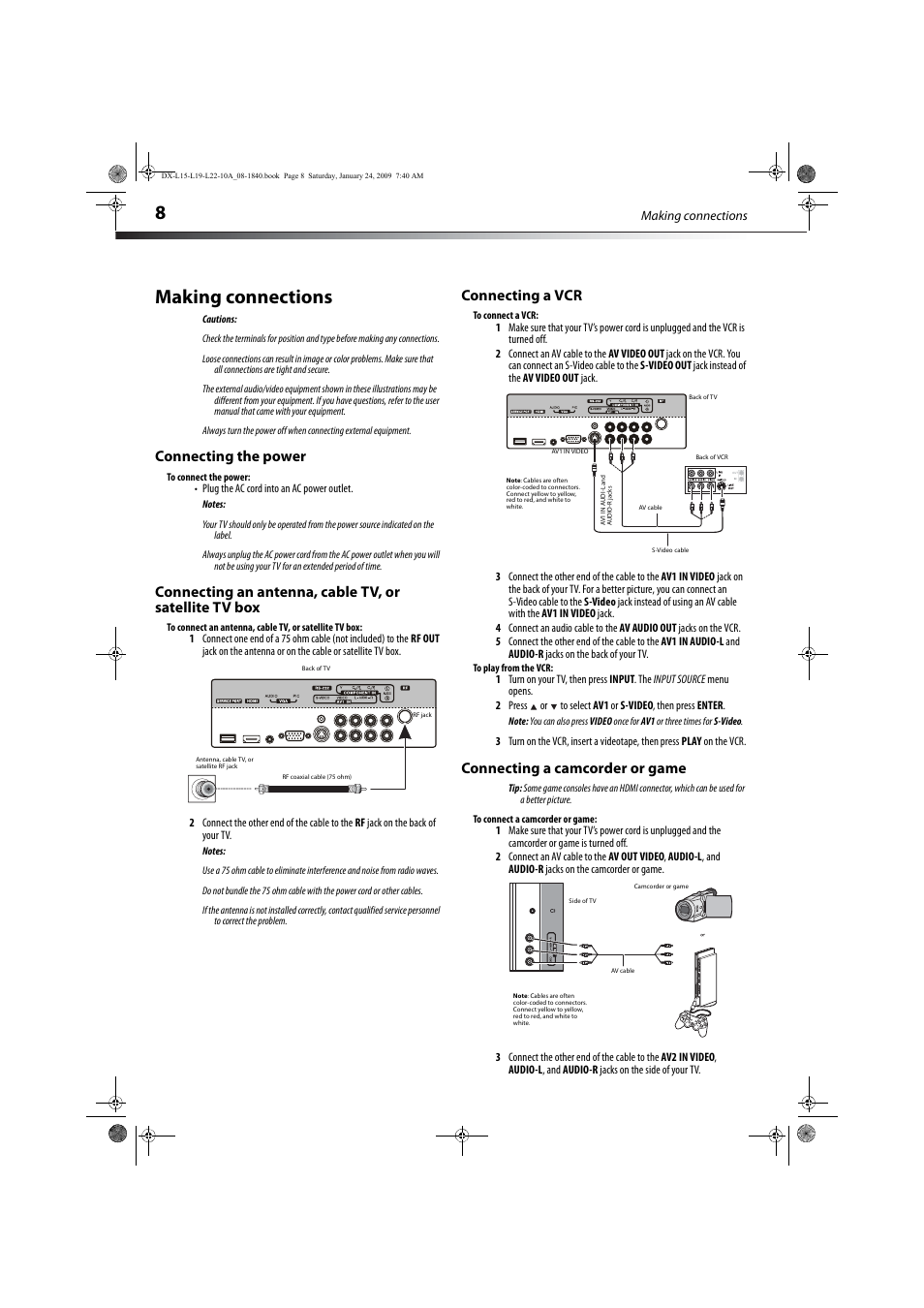 Making connections, Connecting the power, Connecting a vcr | Connecting a camcorder or game | Dynex DX-L19-10A User Manual | Page 11 / 33