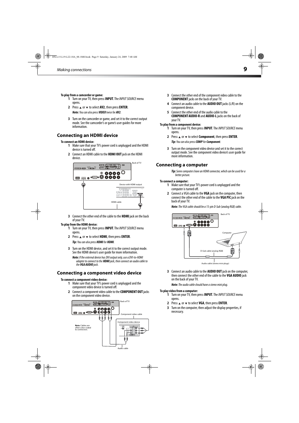 Connecting an hdmi device, Connecting a component video device, Connecting a computer | Connecting a component video device” on | Dynex DX-L19-10A User Manual | Page 12 / 33