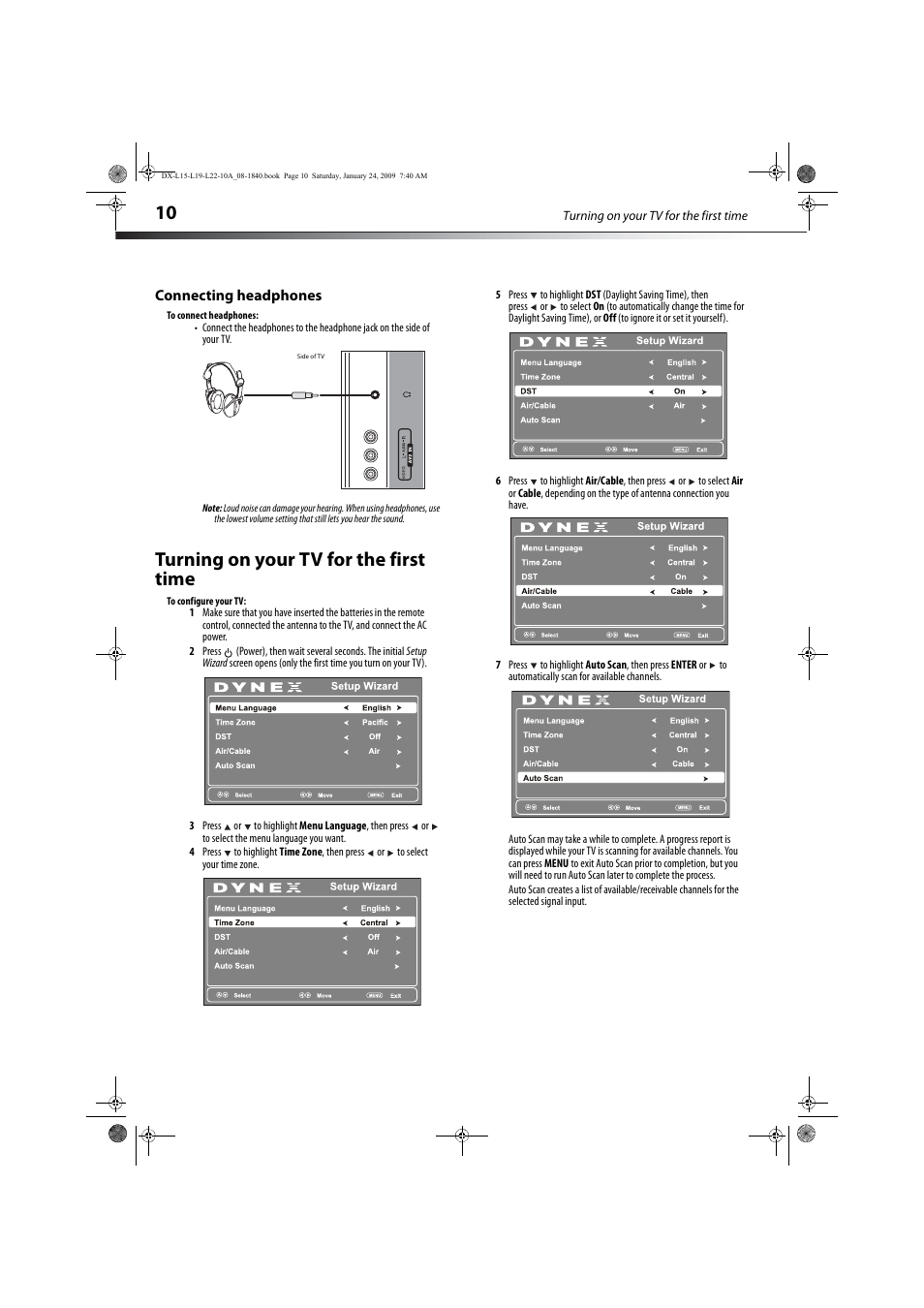 Connecting headphones, Turning on your tv for the first time | Dynex DX-L19-10A User Manual | Page 13 / 33