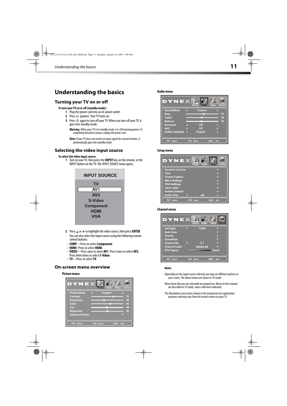 Understanding the basics, Turning your tv on or off, Selecting the video input source | On-screen menu overview, 11 understanding the basics | Dynex DX-L19-10A User Manual | Page 14 / 33