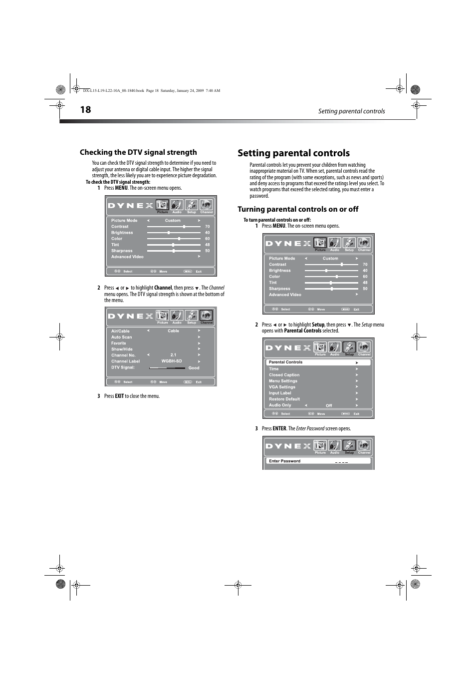 Checking the dtv signal strength, Setting parental controls, Turning parental controls on or off | Dynex DX-L19-10A User Manual | Page 21 / 33