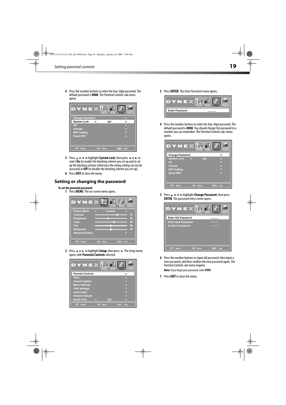 Setting or changing the password | Dynex DX-L19-10A User Manual | Page 22 / 33