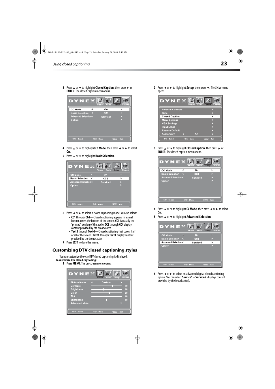 Customizing dtv closed captioning styles | Dynex DX-L19-10A User Manual | Page 26 / 33