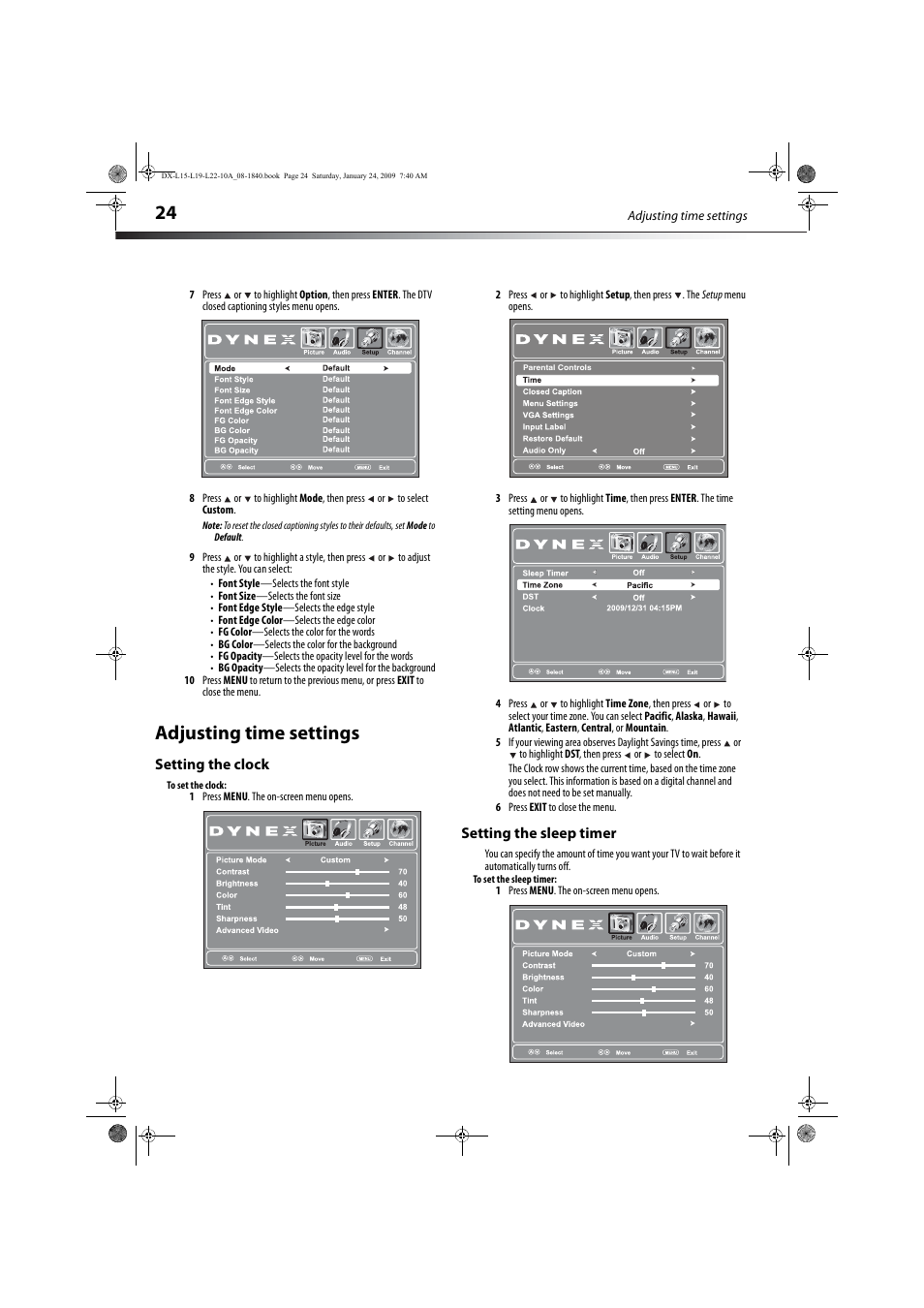 Adjusting time settings, Setting the clock, Setting the sleep timer | Setting the clock setting the sleep timer, E “setting the sleep timer | Dynex DX-L19-10A User Manual | Page 27 / 33