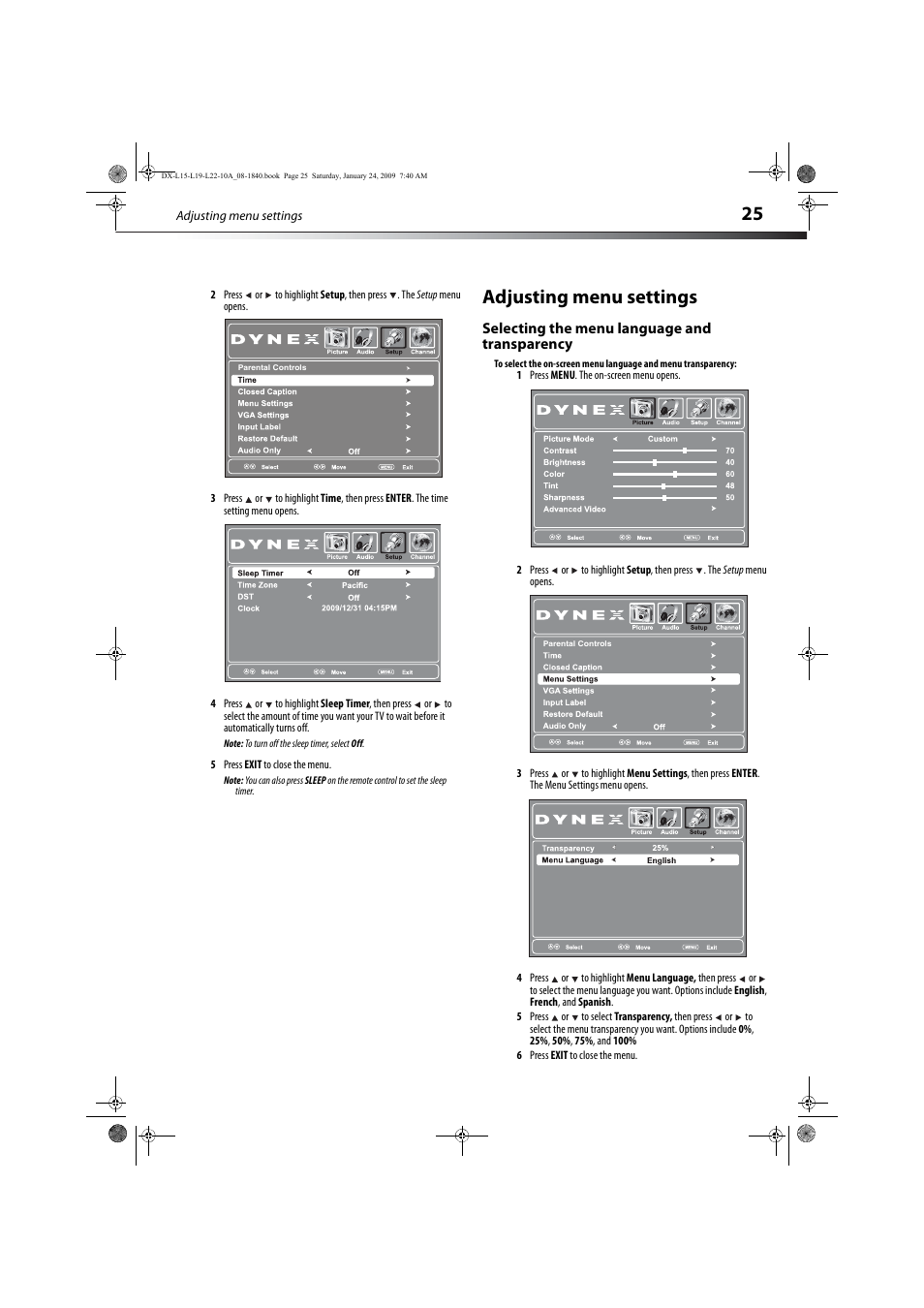 Adjusting menu settings, Selecting the menu language and transparency | Dynex DX-L19-10A User Manual | Page 28 / 33