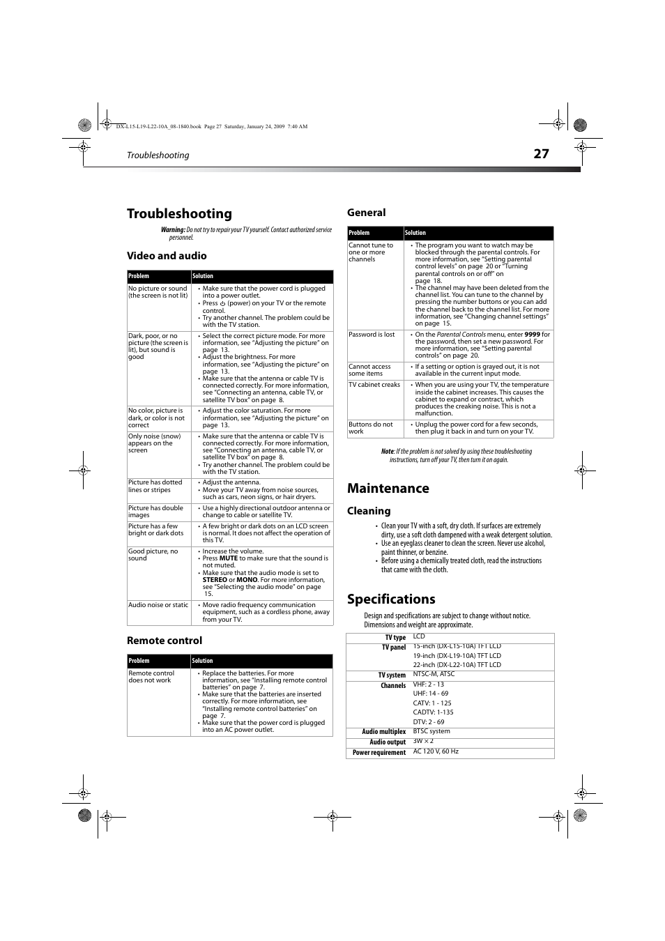 Troubleshooting, Video and audio, Remote control | General, Maintenance, Cleaning, Specifications, Video and audio remote control general, 27 troubleshooting | Dynex DX-L19-10A User Manual | Page 30 / 33