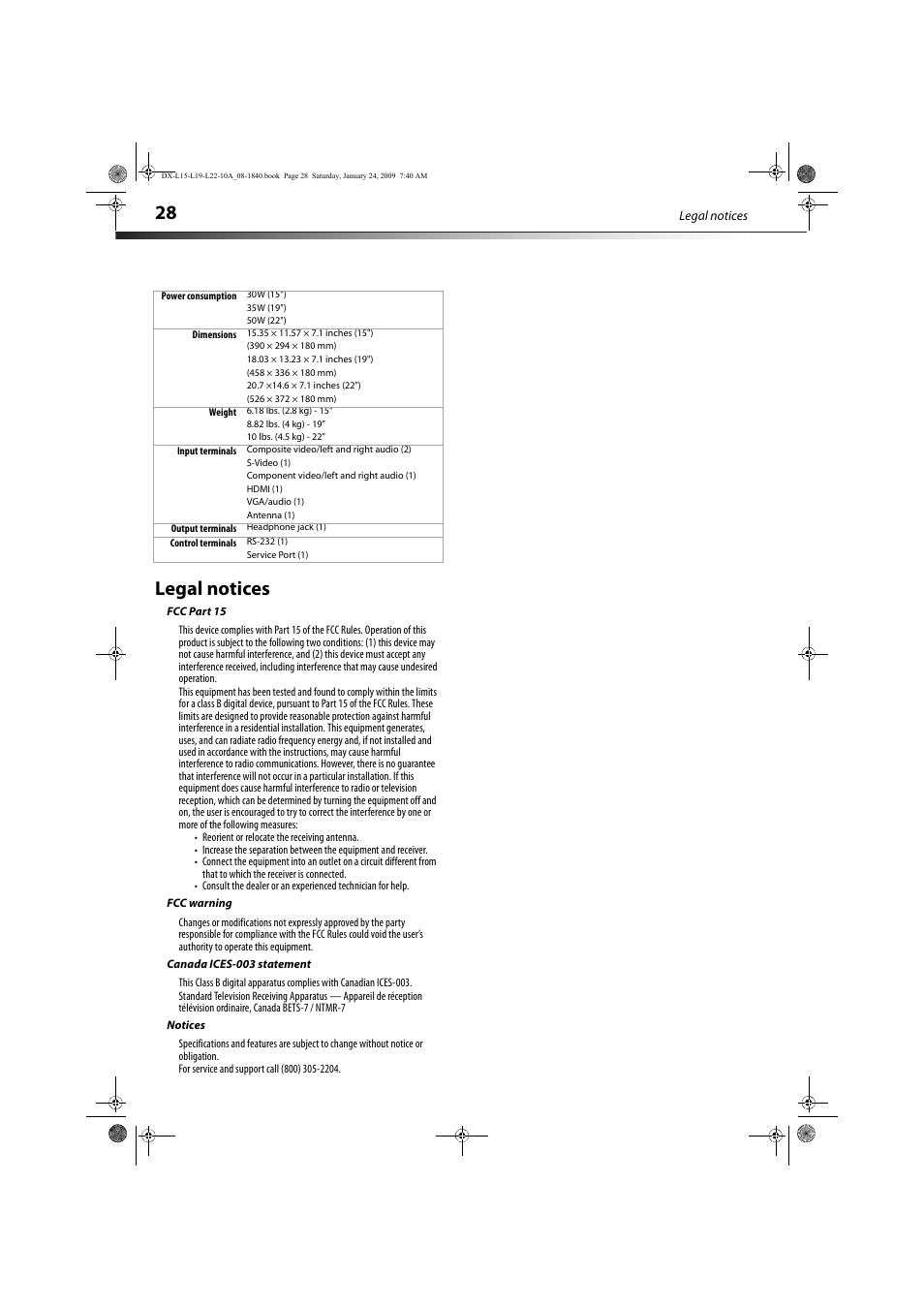Legal notices, Fcc part 15, Fcc warning | Canada ices-003 statement, Notices | Dynex DX-L19-10A User Manual | Page 31 / 33