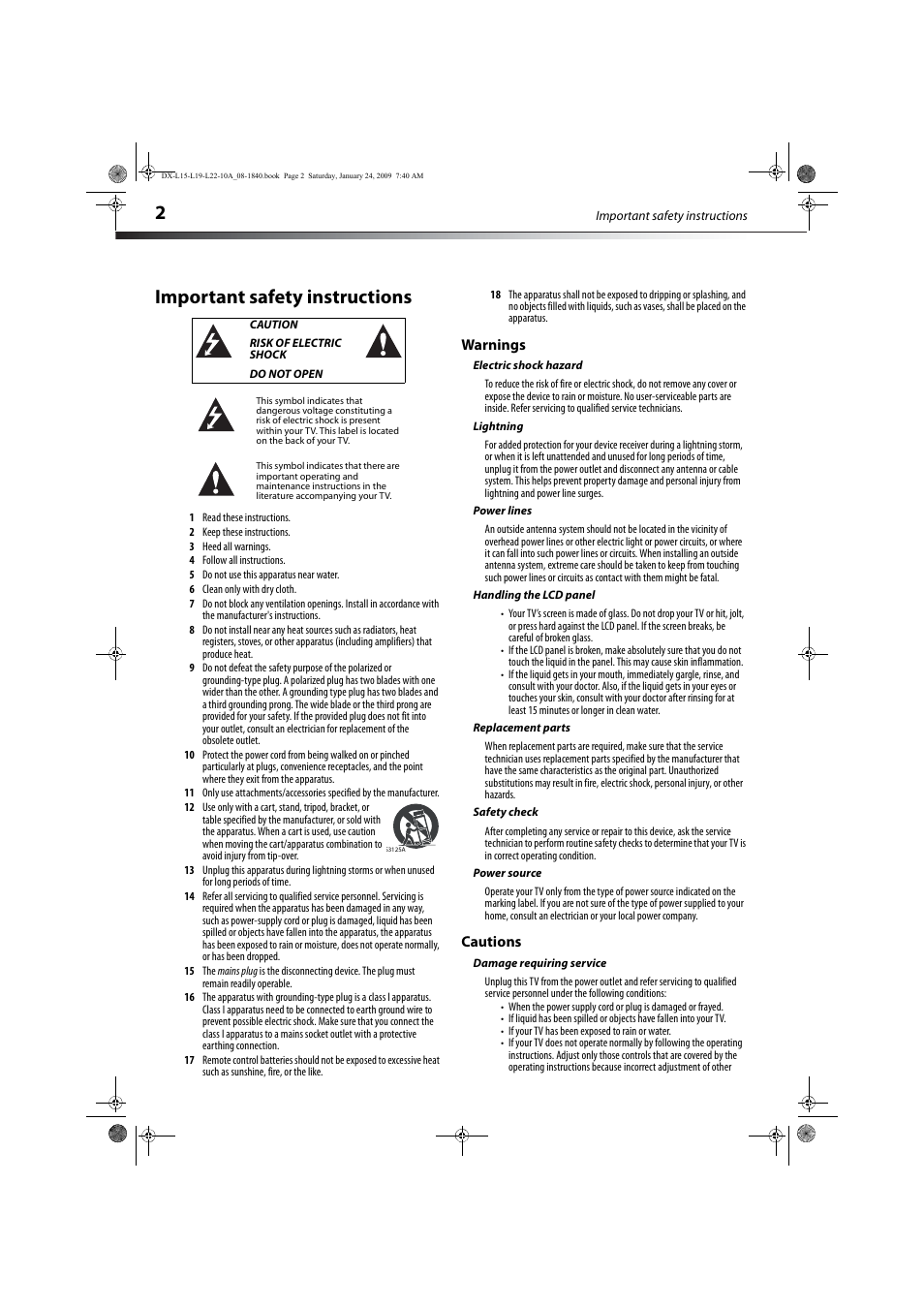 Important safety instructions, Caution, Risk of electric shock | Do not open, Warnings, Electric shock hazard, Lightning, Power lines, Handling the lcd panel, Replacement parts | Dynex DX-L19-10A User Manual | Page 5 / 33