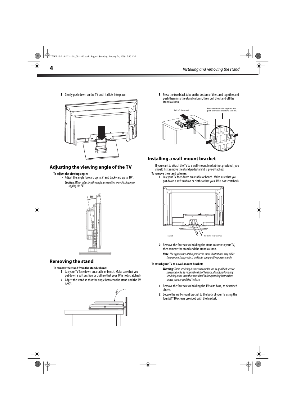 Adjusting the viewing angle of the tv, Removing the stand, Installing a wall-mount bracket | Dynex DX-L19-10A User Manual | Page 7 / 33