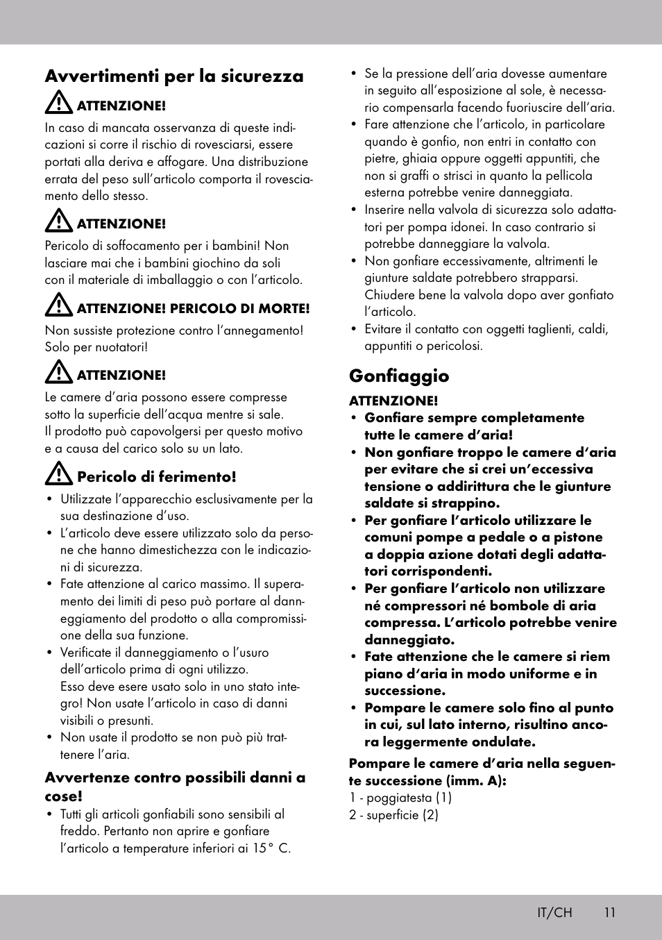 Avvertimenti per la sicurezza, Gonfiaggio | Crivit WH-2097 User Manual | Page 11 / 16