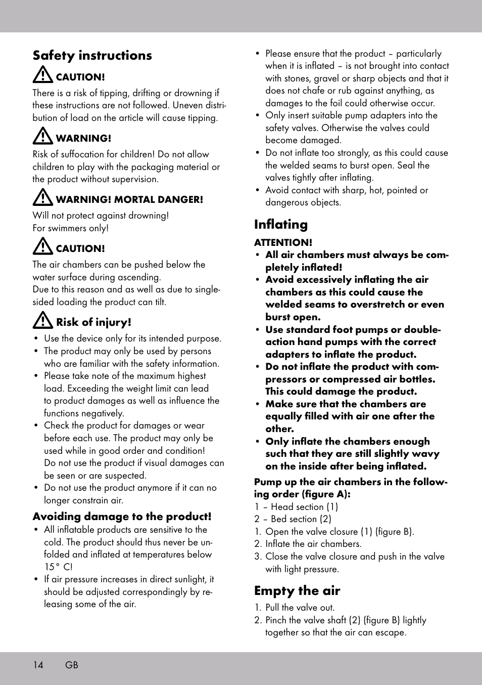 Safety instructions, Inflating, Empty the air | Crivit WH-2097 User Manual | Page 14 / 16