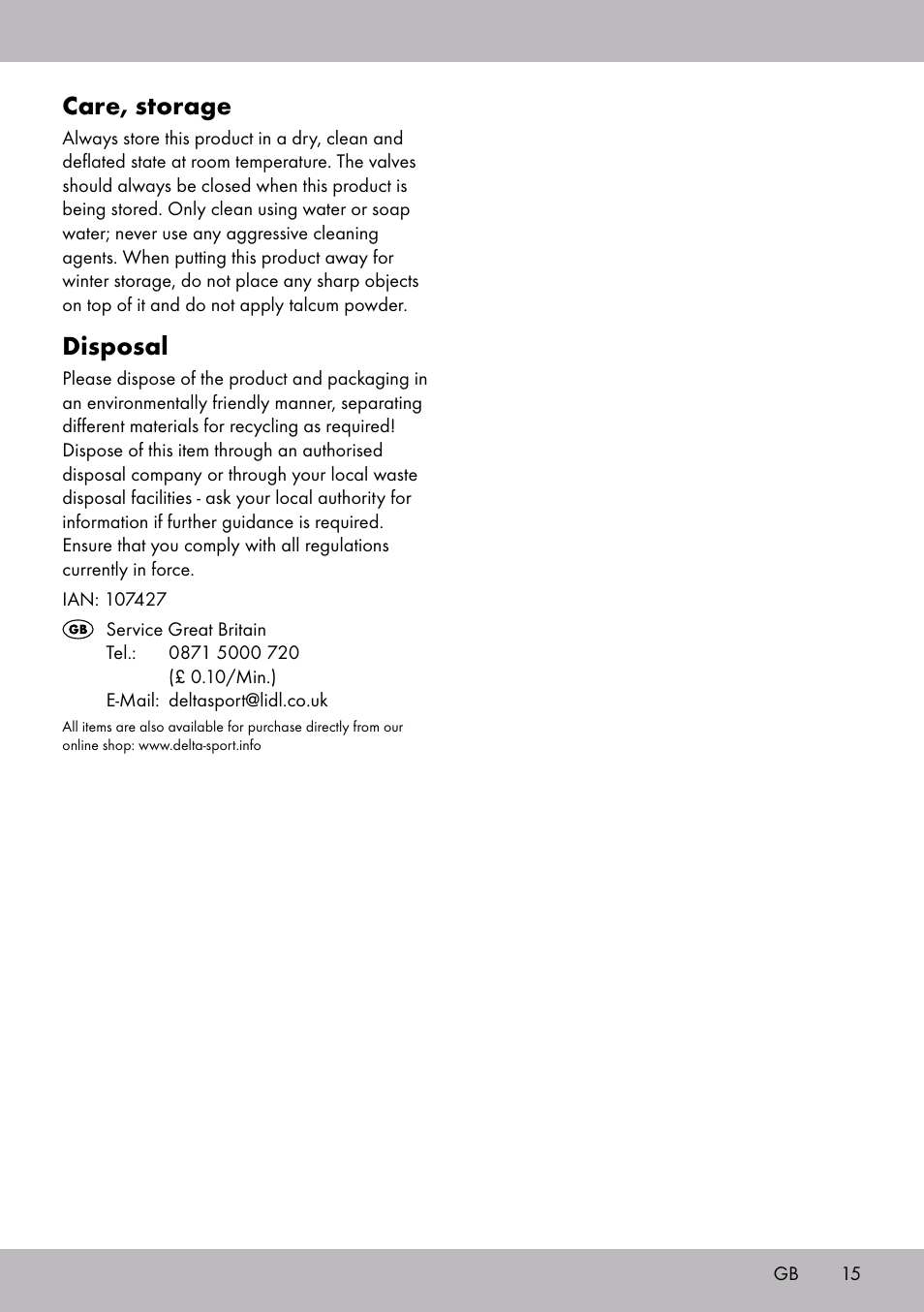 Care, storage, Disposal | Crivit WH-2097 User Manual | Page 15 / 16