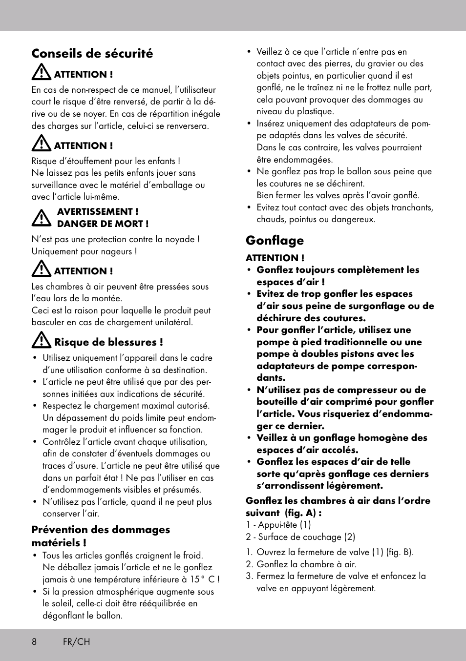 Conseils de sécurité, Gonflage | Crivit WH-2097 User Manual | Page 8 / 16