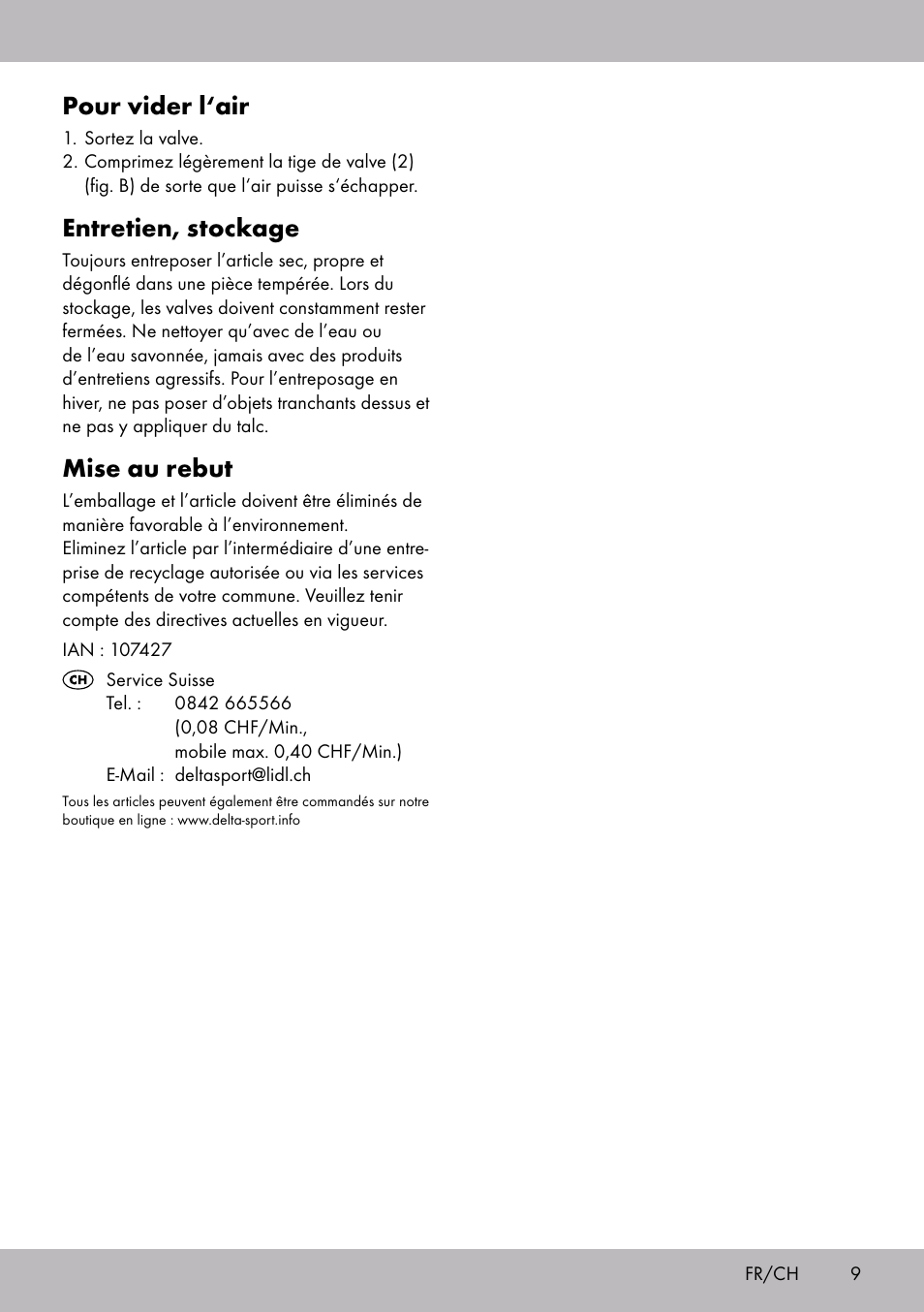 Pour vider l‘air, Entretien, stockage, Mise au rebut | Crivit WH-2097 User Manual | Page 9 / 16