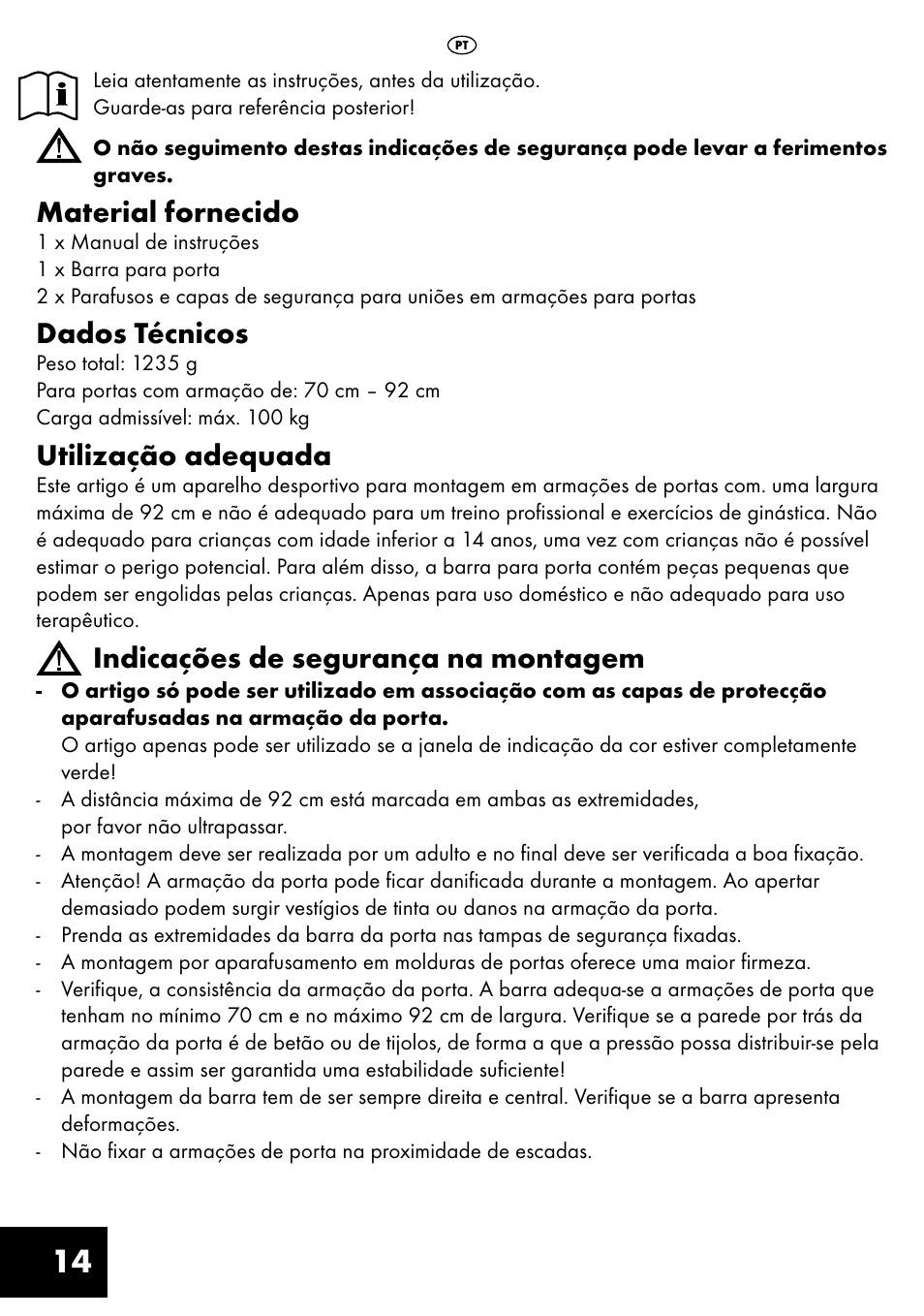 Material fornecido, Dados técnicos, Utilização adequada | Indicações de segurança na montagem | Crivit TR-1433 User Manual | Page 14 / 32