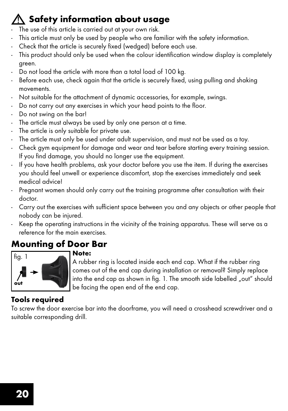 20 safety information about usage, Mounting of door bar | Crivit TR-1433 User Manual | Page 20 / 32