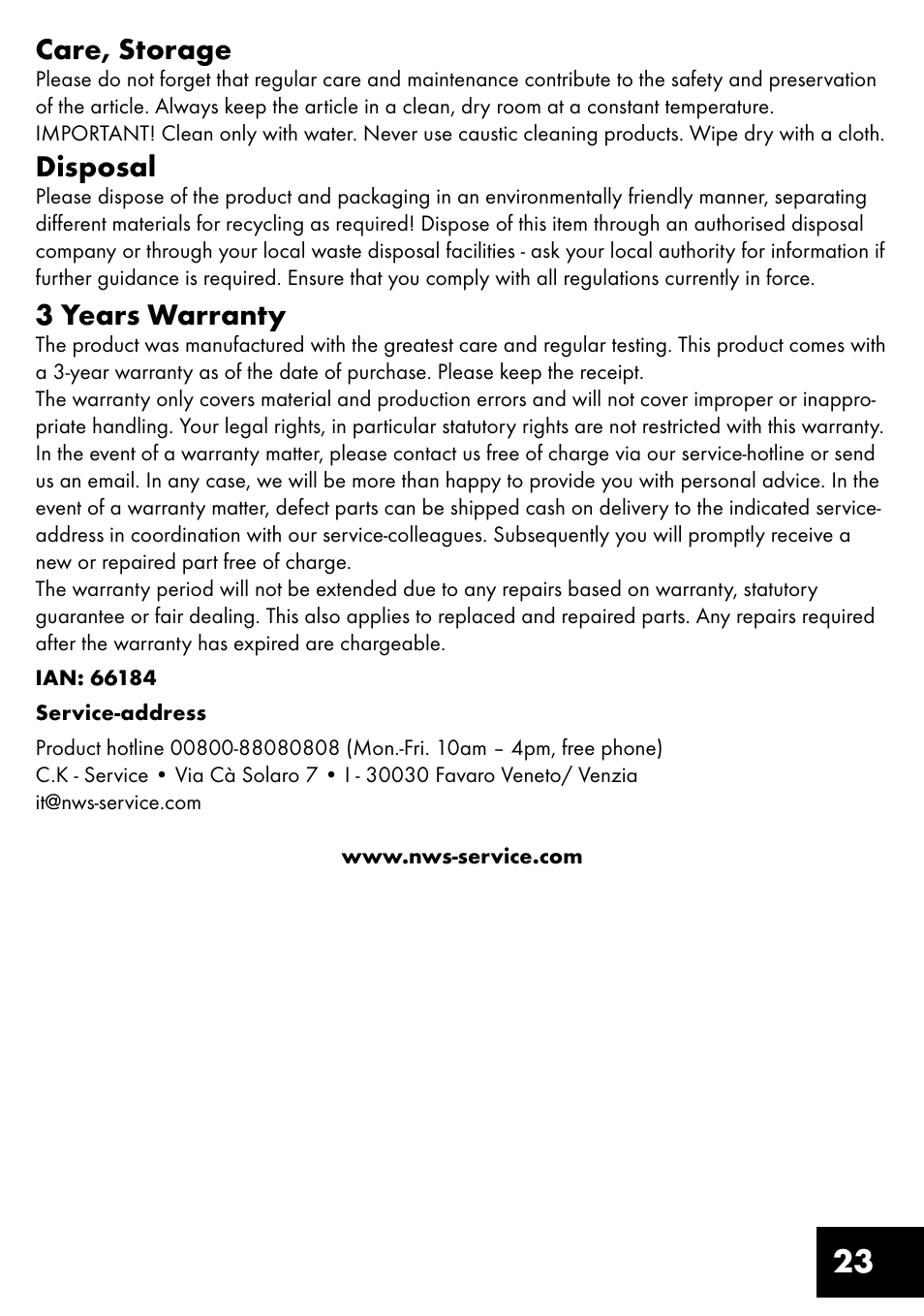 23 care, storage, Disposal, 3 years warranty | Crivit TR-1433 User Manual | Page 23 / 32