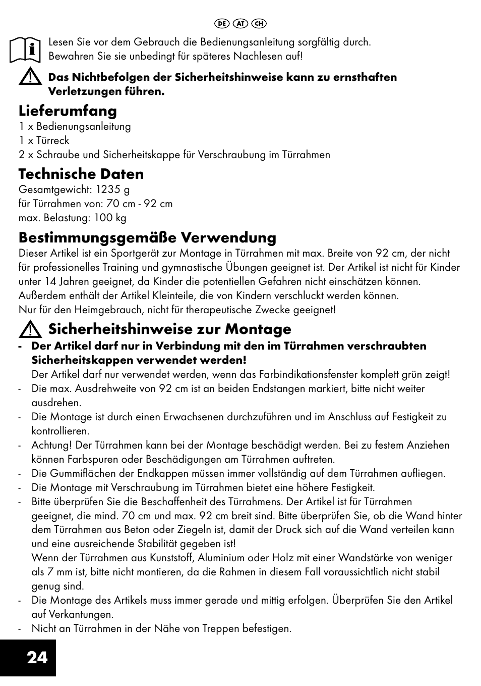Lieferumfang, Technische daten, Bestimmungsgemäße verwendung | Sicherheitshinweise zur montage | Crivit TR-1433 User Manual | Page 24 / 32
