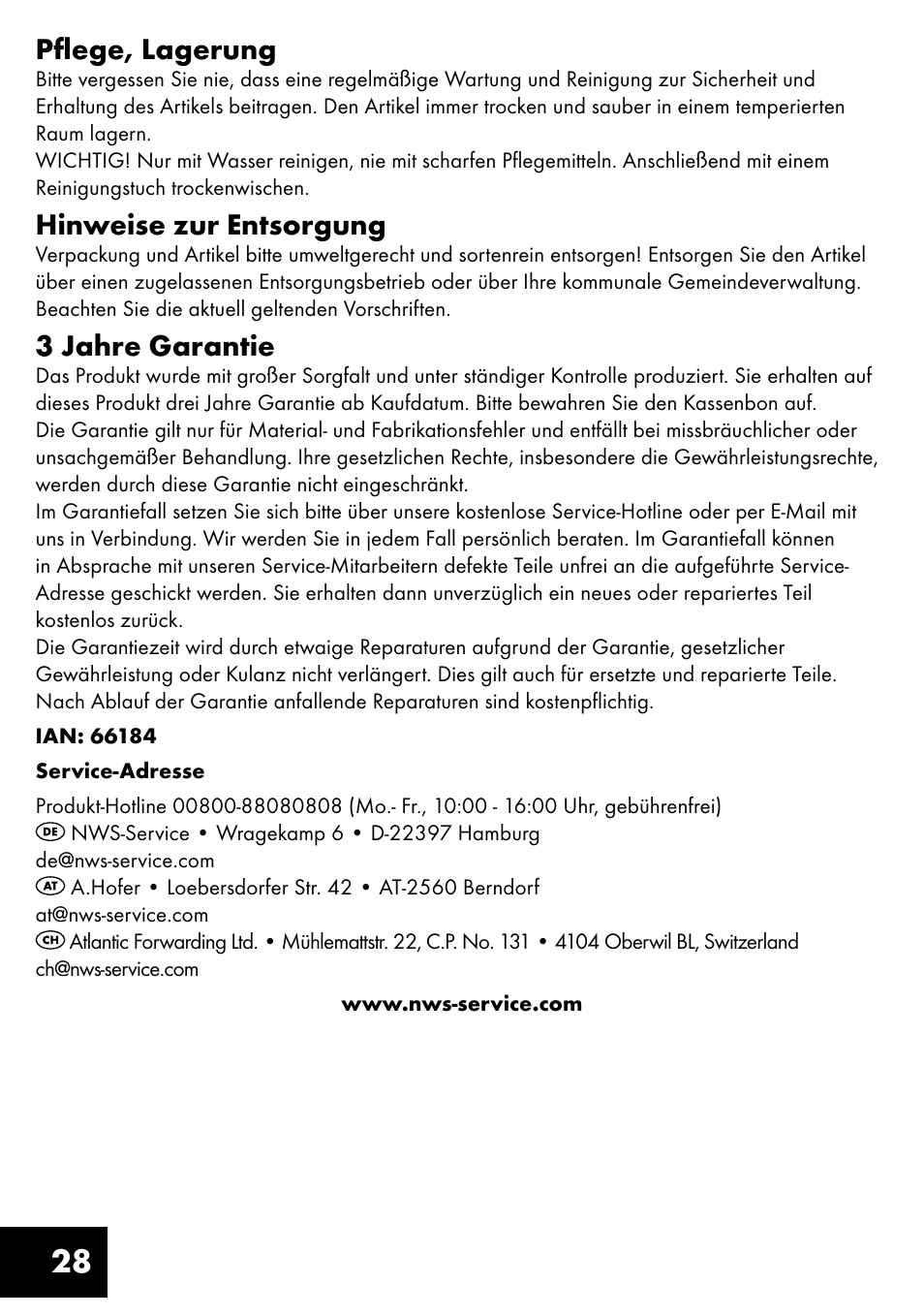 28 pflege, lagerung, Hinweise zur entsorgung, 3 jahre garantie | Crivit TR-1433 User Manual | Page 28 / 32