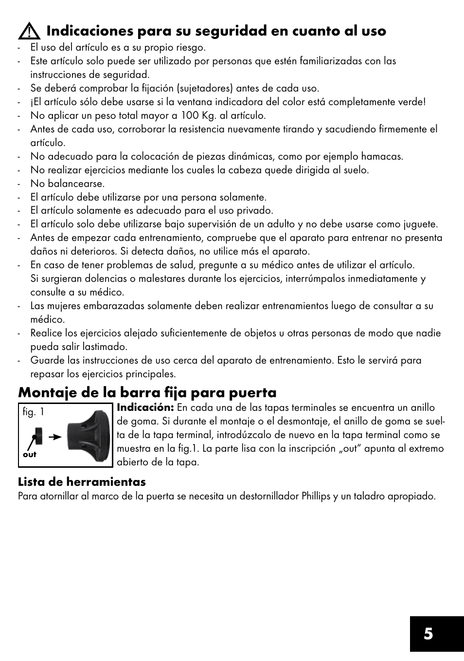 5indicaciones para su seguridad en cuanto al uso, Montaje de la barra fija para puerta | Crivit TR-1433 User Manual | Page 5 / 32