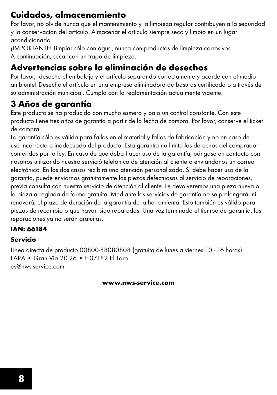 8cuidados, almacenamiento, Advertencias sobre la eliminación de desechos, 3 años de garantía | Crivit TR-1433 User Manual | Page 8 / 32