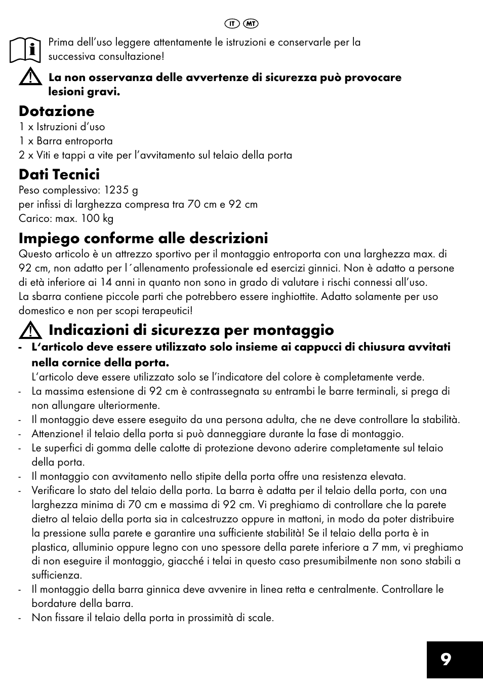 Dotazione, Dati tecnici, Impiego conforme alle descrizioni | Indicazioni di sicurezza per montaggio | Crivit TR-1433 User Manual | Page 9 / 32