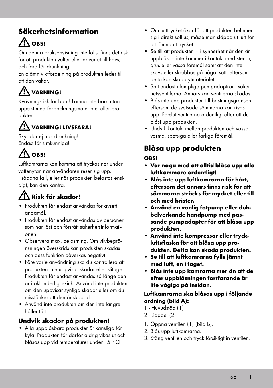 Säkerhetsinformation, Blåsa upp produkten | Crivit WH-2097 User Manual | Page 11 / 28