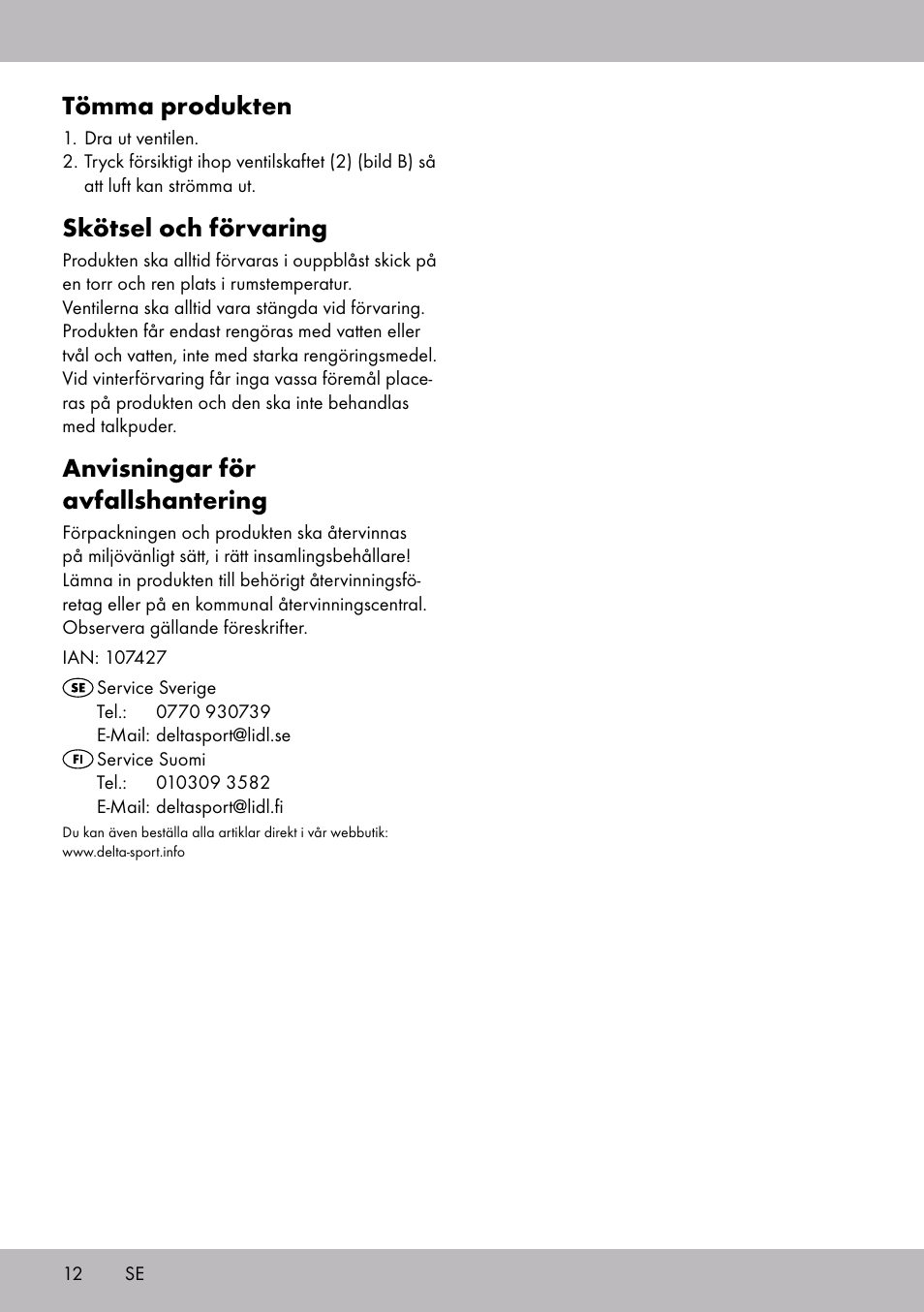 Tömma produkten, Skötsel och förvaring, Anvisningar för avfallshantering | Crivit WH-2097 User Manual | Page 12 / 28