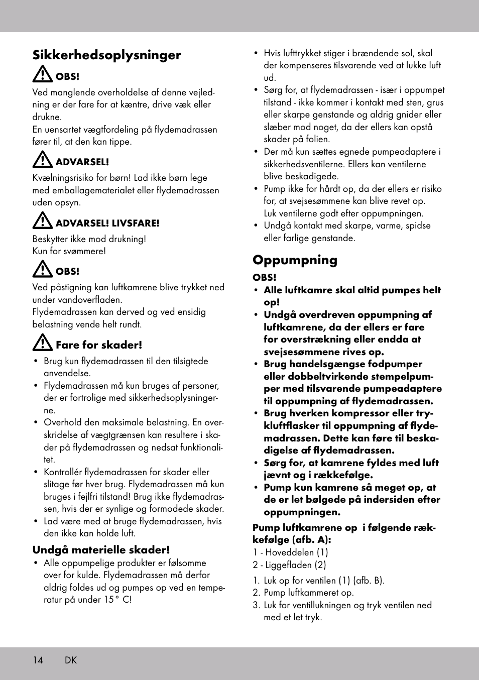 Sikkerhedsoplysninger, Oppumpning | Crivit WH-2097 User Manual | Page 14 / 28