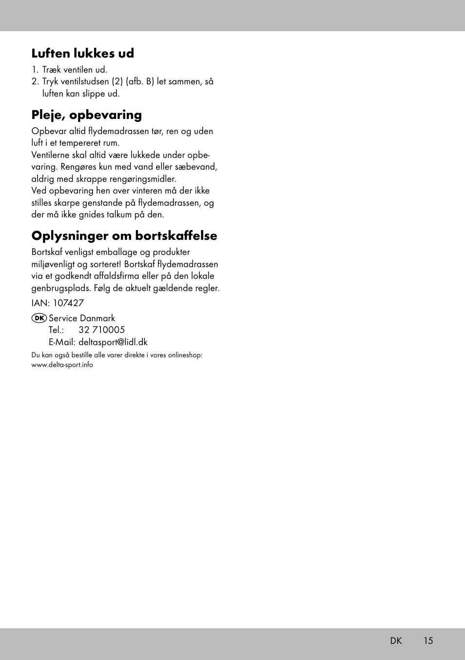Luften lukkes ud, Pleje, opbevaring, Oplysninger om bortskaffelse | Crivit WH-2097 User Manual | Page 15 / 28