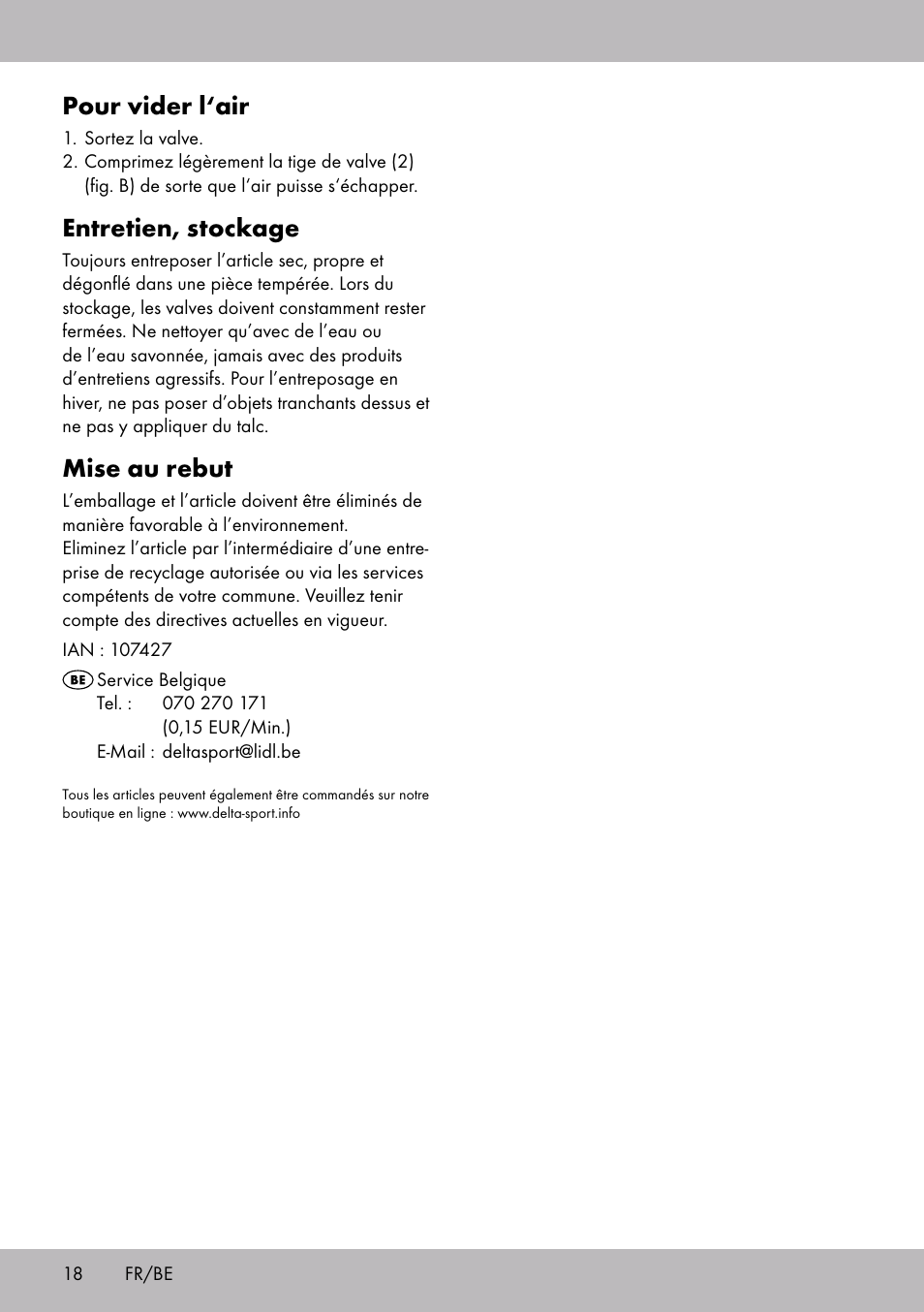 Pour vider l‘air, Entretien, stockage, Mise au rebut | Crivit WH-2097 User Manual | Page 18 / 28
