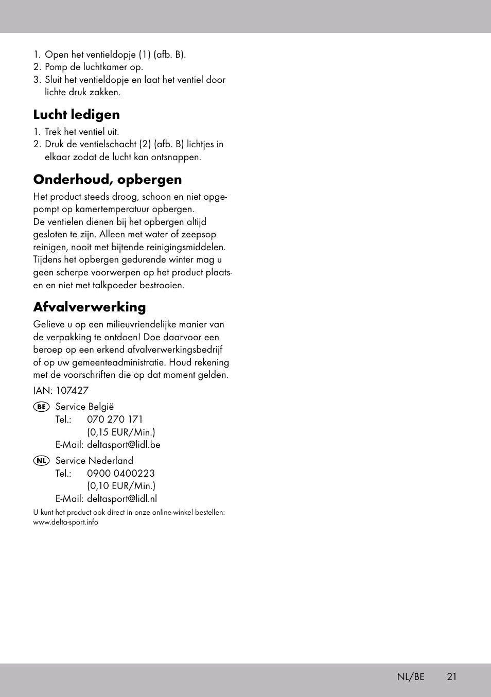 Lucht ledigen, Onderhoud, opbergen, Afvalverwerking | Crivit WH-2097 User Manual | Page 21 / 28