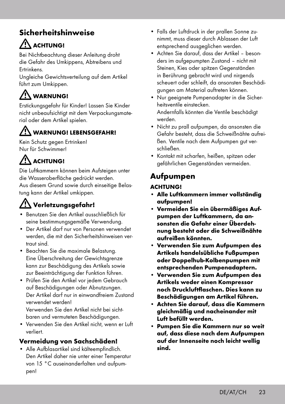 Sicherheitshinweise, Aufpumpen | Crivit WH-2097 User Manual | Page 23 / 28