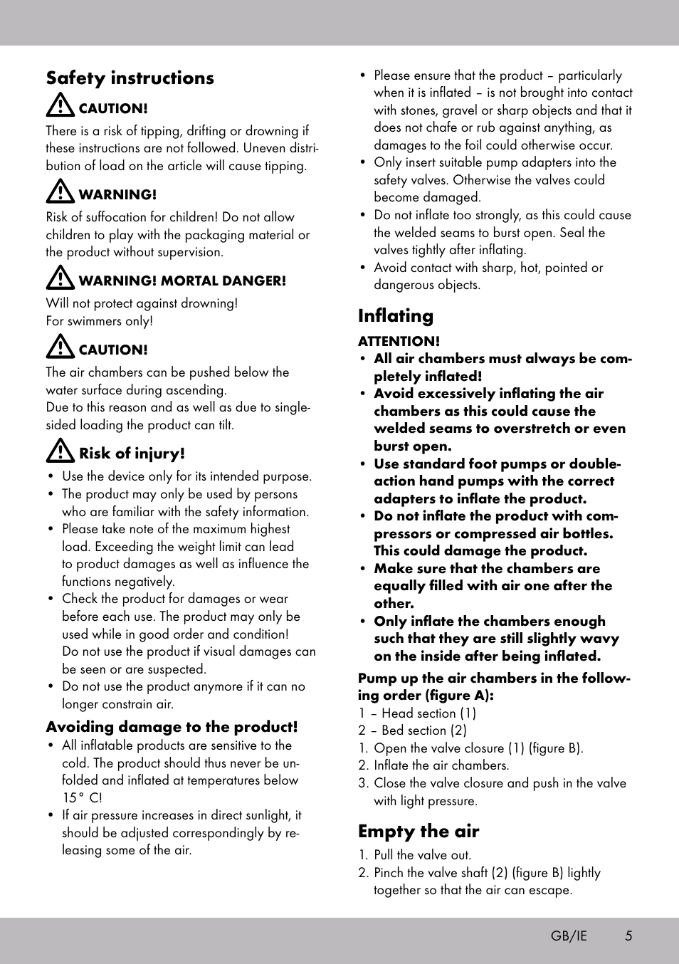 Safety instructions, Inflating, Empty the air | Crivit WH-2097 User Manual | Page 5 / 28