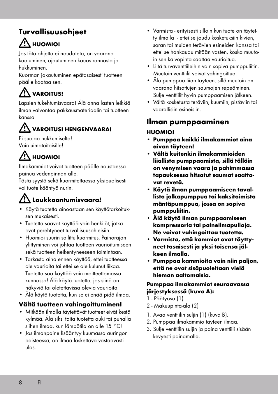 Turvallisuusohjeet, Ilman pumppaaminen | Crivit WH-2097 User Manual | Page 8 / 28
