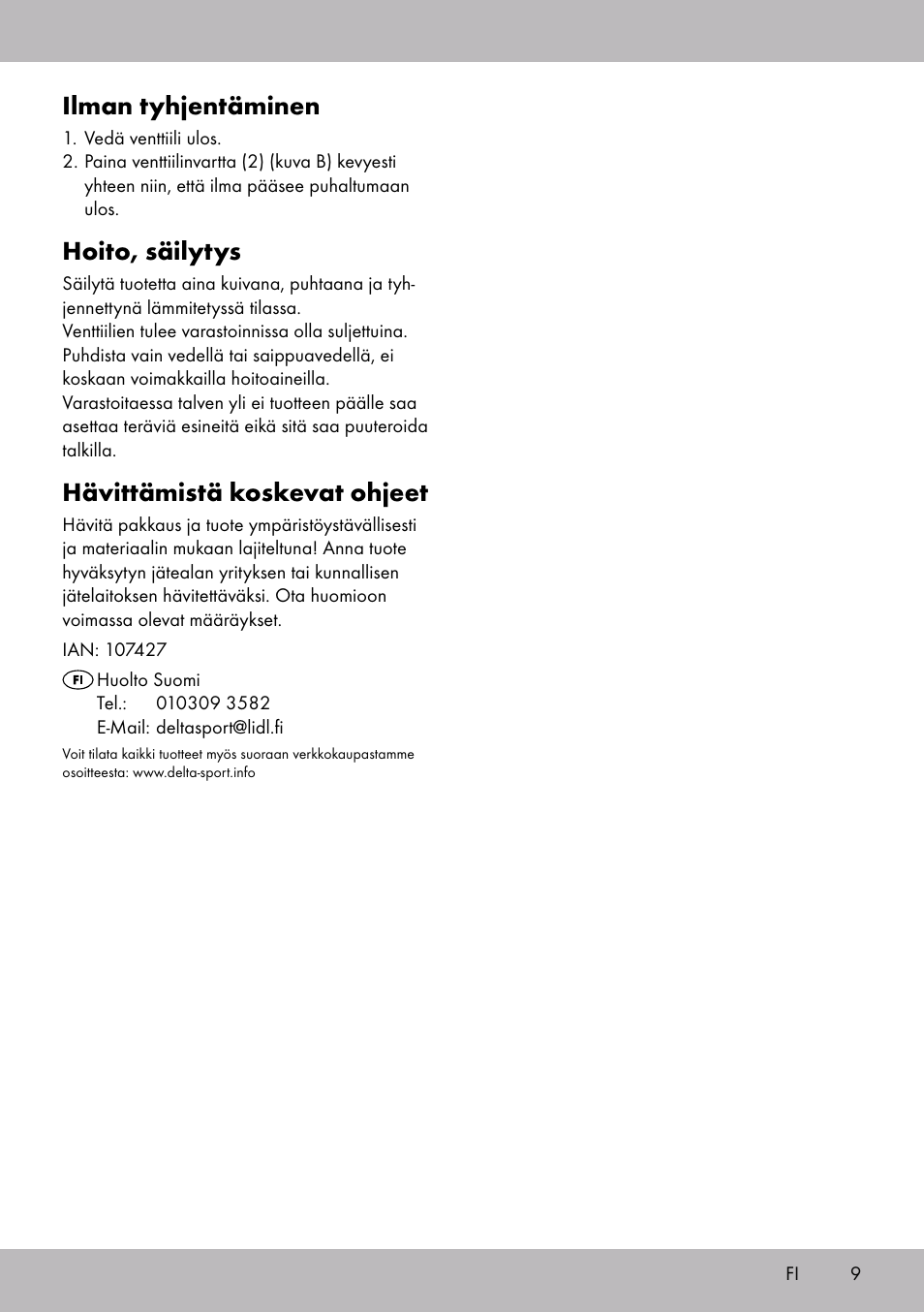 Ilman tyhjentäminen, Hoito, säilytys, Hävittämistä koskevat ohjeet | Crivit WH-2097 User Manual | Page 9 / 28