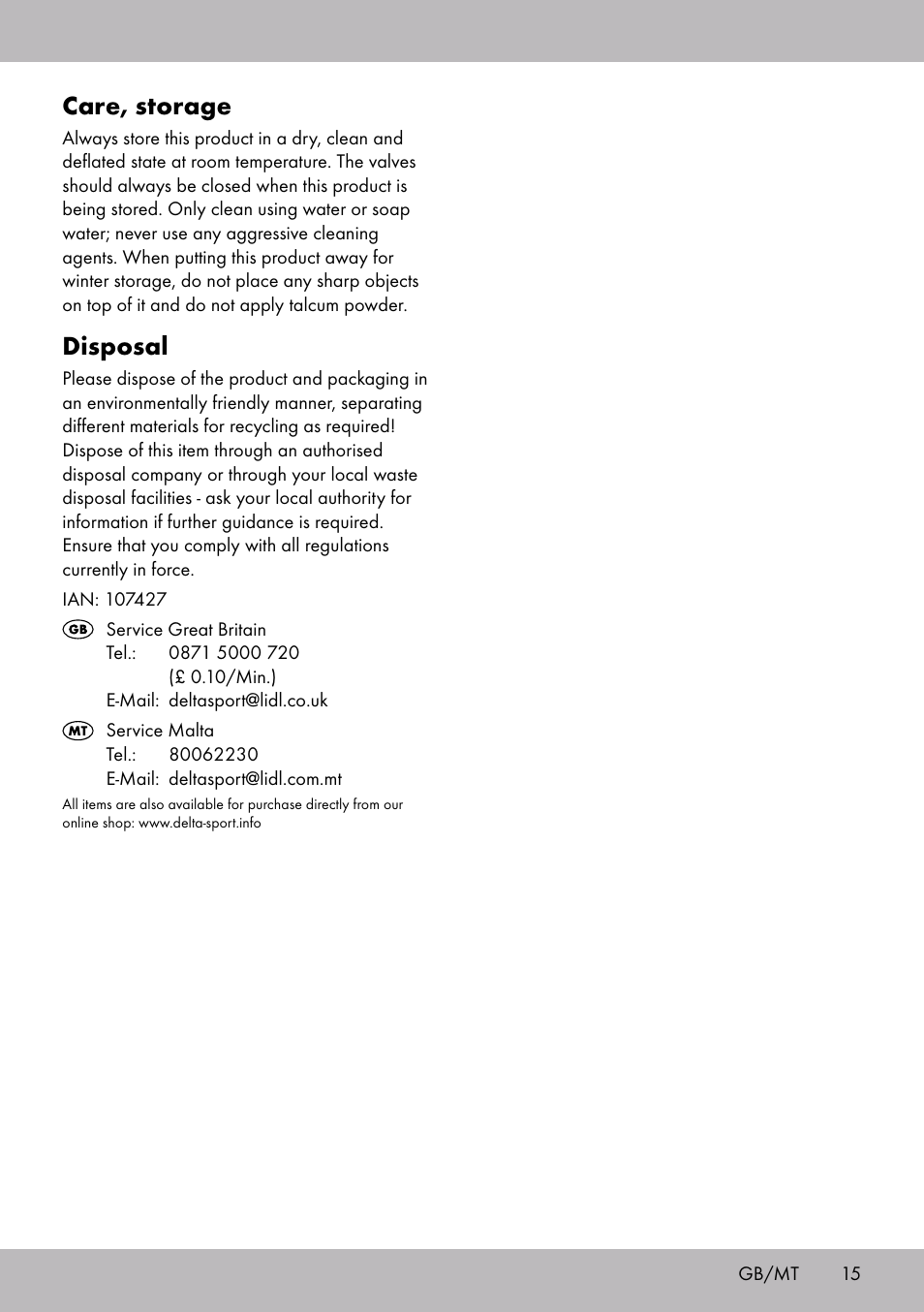 Care, storage, Disposal | Crivit WH-2097 User Manual | Page 15 / 20