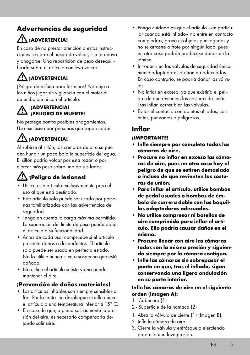 Advertencias de seguridad, Inflar | Crivit WH-2097 User Manual | Page 5 / 20