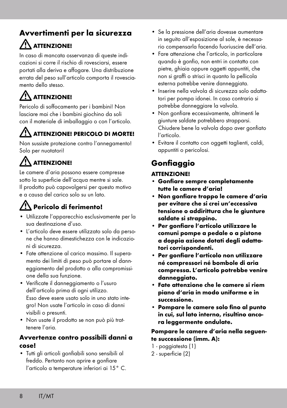 Avvertimenti per la sicurezza, Gonfiaggio | Crivit WH-2097 User Manual | Page 8 / 20