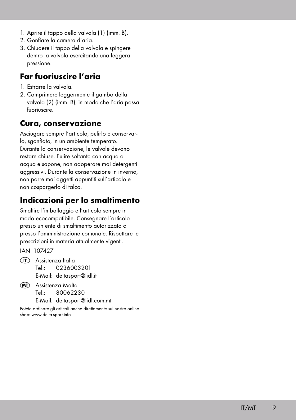 Far fuoriuscire l’aria, Cura, conservazione, Indicazioni per lo smaltimento | Crivit WH-2097 User Manual | Page 9 / 20
