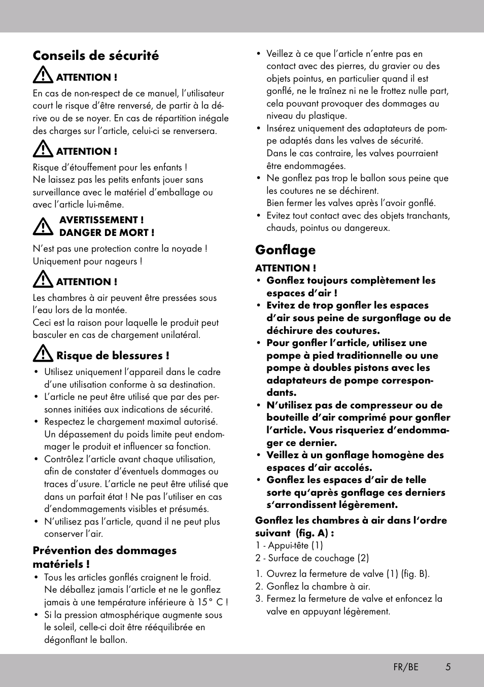 Conseils de sécurité, Gonflage | Crivit WH-2097 User Manual | Page 5 / 16